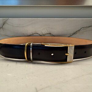 WCM New York Italian calfskin black leather belt with silver/gold tone buckle
